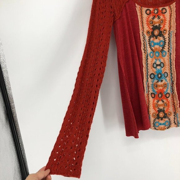 Free  People Rust Orange Embroidered Longsleeve Scoop neck Knit top size XS - Picture 3 of 16
